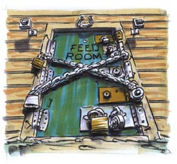 Feed room door with pad locks and chains